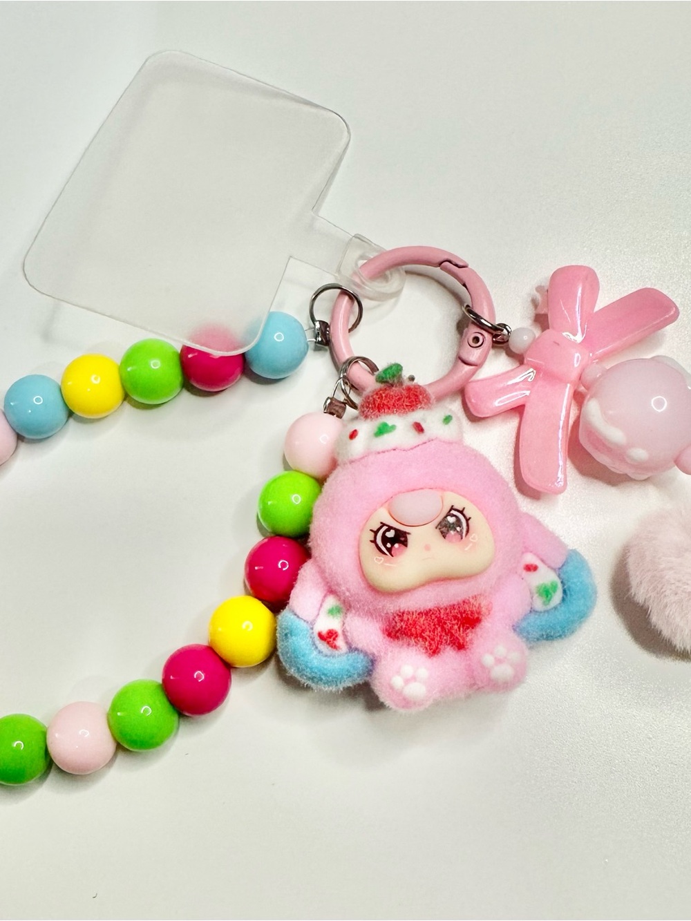 Cute Pink Plush Character Keychain, phone holder or bag charm with Beaded Strap